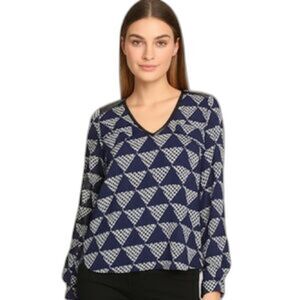 An’ge Navy & White Geometric Houndstooth Print Long Sleeve Blouse T1